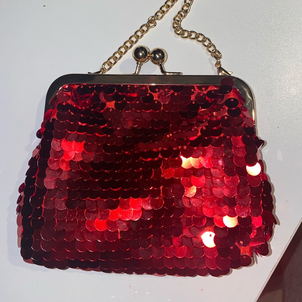Chopard Red Sequined Pouch Clutch Gold Clasp New